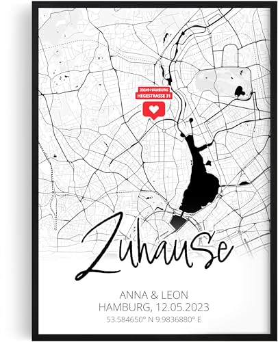 Tassenliebling® - Einzugsgeschenk Wohnung personalisiert - Zuhause Poster 2 Größen - A4 (21x30cm), A3, mit oder ohne Rahmen - Jahrestag für ihn oder sie - Einweihungsgeschenk Haus oder erste Wohnung von Tassenliebling