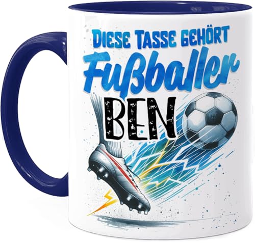 Tassenliebling® Fußball Tasse personalisiert - Kindertasse mit Namen für Junge Mädchen - Blau - Weihnachtstasse - Personalisierte Geschenke Kinder - Kinderbecher aus Keramik 330ml für Fußballer von Tassenliebling