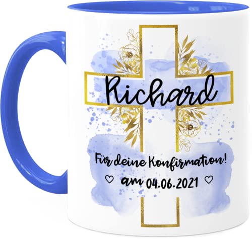 Tassenliebling® Konfirmation Tasse personalisiert mit Datum und Namen für Mädchen und Jungen - Blau - Beidseitiger Druck - Christliche Geschenke zur Konfirmation von Tassenliebling