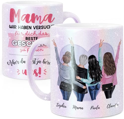 Tassenliebling® Mama 3 Töchter Glitzer Tasse personalisiert mit Spruch und Name - Geschenk zum Muttertag Geburtstag für die beste Mama der Welt oder beste Tochter - Perlmutt von Tassenliebling