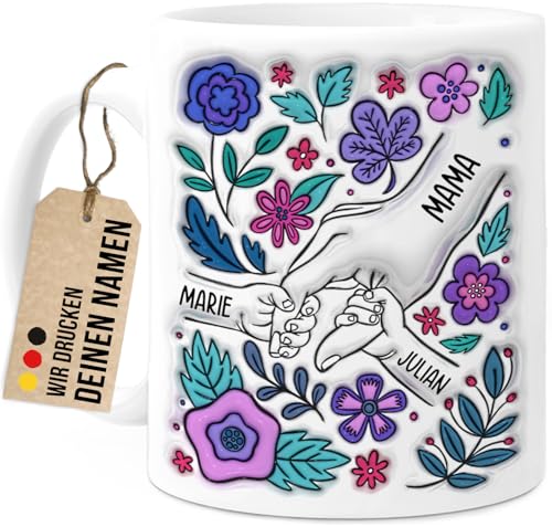Tassenliebling® Mama Tasse personalisiert mit Namen - Geschenk Muttertag - Blumen Tasse - Muttertagsgeschenk Idee - Geschenke für Oma - Mama Kind Geschenk - 330ml Keramik - 2 Kinder von Tassenliebling
