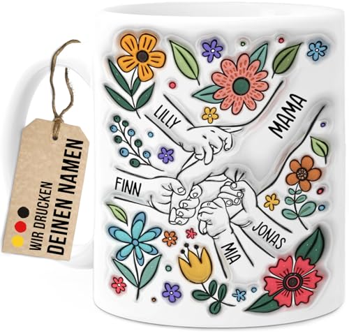 Tassenliebling® Mama Tasse personalisiert mit Namen - Geschenk Muttertag - Blumen Tasse - Muttertagsgeschenk Idee - Geschenke für Oma - Mama Kind Geschenk - 330ml Keramik - 4 Kinder von Tassenliebling