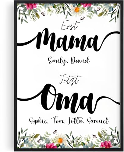 Tassenliebling® - Oma Poster personalisiert - Erst Mama, dann Oma – Muttertagsgeschenk mit Spruch - Wanddeko (A4, A3) mit oder ohne Rahmen von Tassenliebling