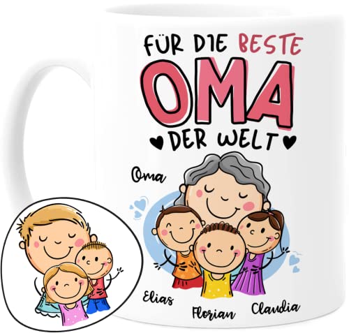 Tassenliebling® Oma Tasse personalisiert mit 1-3 Enkelkinder - Für die beste Oma der Welt - Geschenk für Oma zum Geburtstag - Geburtstagsgeschenk von Tassenliebling