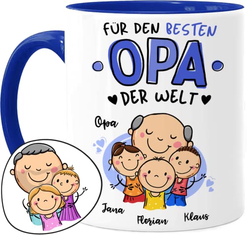 Tassenliebling® Opa Tasse personalisiert mit 1-3 Enkelkindern - Blau - Für den besten Opa der Welt - Vatertagsgeschenk oder Geburtstagsgeschenk - Geschenk Opa mit Enkelsohn Enkeltochter von Tassenliebling