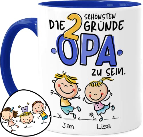 Tassenliebling® Opa Tasse personalisiert mit 1-3 Enkelkindern - Die schönsten Gründe Opa zu sein - Blau - Geschenk für Opa zum Geburtstag - Geburtstagsgeschenk von Tassenliebling