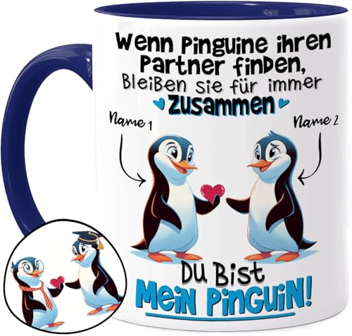 Tassenliebling® Paar Tasse personalisiert - Blau - Wenn Pinguine ihren Partner finden - Süßes Pärchen Geschenk für ihn zum Jahrestag - Liebesgeschenke Freund Ehemann - Valentinstag - 330ml Keramik von Tassenliebling