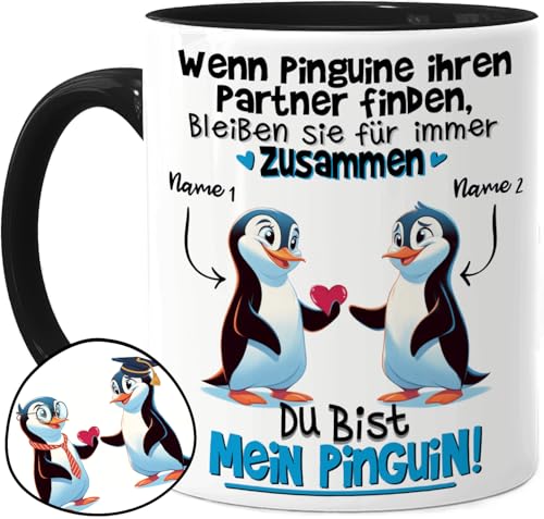 Tassenliebling® Paar Tasse personalisiert - Schwarz - Wenn Pinguine ihren Partner finden - Süßes Pärchen Geschenk für ihn zum Jahrestag - Liebesgeschenke Freund Ehemann - Valentinstag - 330ml Keramik von Tassenliebling