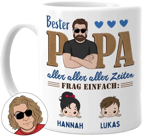 Tassenliebling® Papa Tasse personalisiert mit 1-3 Kindern - Bester Papa aller Zeiten - Papa Geschenk zum Vatertag mit Baby, Tochter oder Sohn - Vatertagsgeschenk Geburtstag - Keramik 330ml von Tassenliebling