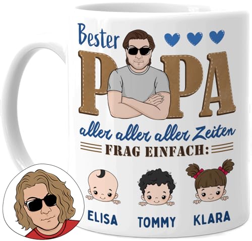 Tassenliebling® Papa Tasse personalisiert mit 1-3 Kindern - Bester Papa aller Zeiten - Papa Geschenk zum Vatertag mit Baby, Tochter oder Sohn - Vatertagsgeschenk Geburtstag - Keramik 330ml von Tassenliebling