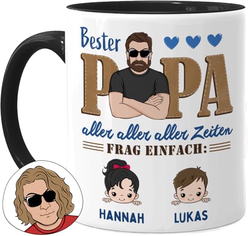 Tassenliebling® Papa Tasse personalisiert mit 1-3 Kindern - Bester Papa aller Zeiten - Schwarz - Papa Geschenk zum Vatertag mit Baby, Tochter oder Sohn - Vatertagsgeschenk Geburtstag - Keramik 330ml von Tassenliebling