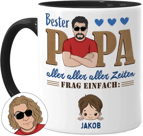 Tassenliebling® Papa Tasse personalisiert mit 1-3 Kindern - Bester Papa aller Zeiten - Schwarz - Papa Geschenk zum Vatertag mit Baby, Tochter oder Sohn - Vatertagsgeschenk Geburtstag - Keramik 330ml von Tassenliebling