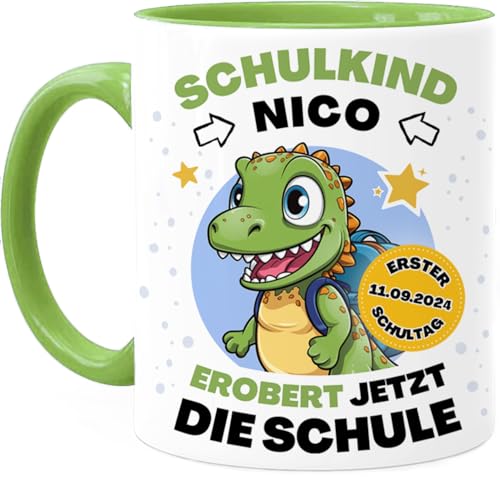 Tassenliebling® Schulkind 2023 Tasse personalisiert Junge Mädchen - Grün - Geschenk zur Einschulung - Dino Tasse - Schultüte Füllung - Schulanfang Geschenke - Grundschule Vorschule von Tassenliebling