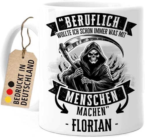 Tassenliebling® Schwarzer Humor Tasse personalisiert mit Sensenmann - Ich wollte immer was mit Menschen machen - Lustige Spruchtasse fürs Büro - Totenkopf Geschenke von Tassenliebling