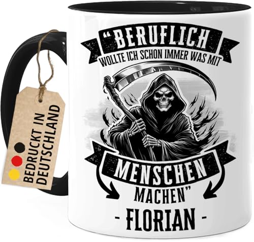 Tassenliebling® Schwarzer Humor Tasse personalisiert mit Sensenmann - Schwarz - Ich wollte immer was mit Menschen machen - Lustige Spruchtasse fürs Büro - Totenkopf Geschenke von Tassenliebling