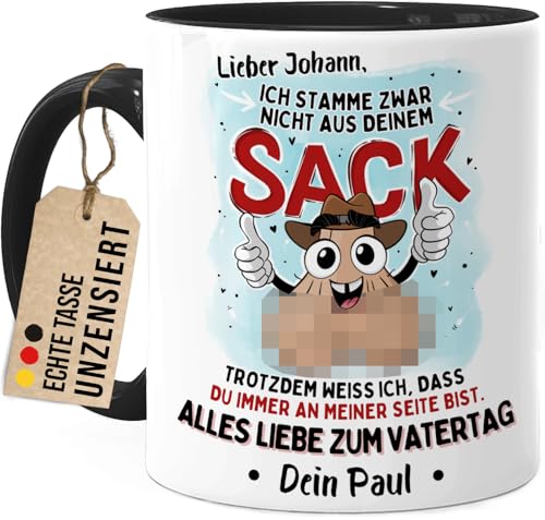 Tassenliebling® Stiefpapa Tasse personalisiert lustig - Ich stamme nicht aus deinem Sack - Mit Namen Schwarz - Vatertagsgeschenk - Geschenk für Stiefvater Bonus Papa - Keramik 330ml von Tassenliebling