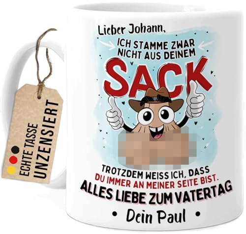 Tassenliebling® Stiefpapa Tasse personalisiert lustig - Ich stamme nicht aus deinem Sack - Mit Namen - Vatertagsgeschenk - Geschenk für Stiefvater Bonus Papa - Keramik 330ml von Tassenliebling