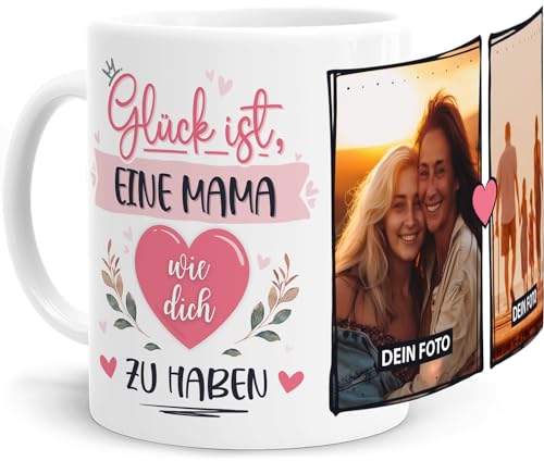 Tassenliebling® Tasse Mama mit Fotos und diversen Sprüchen personalisiert - Glück ist eine - Rosa - Fototasse mit eigenen Bildern selbst gestalten - Muttertagsgeschenk Geburtstag von Tassenliebling