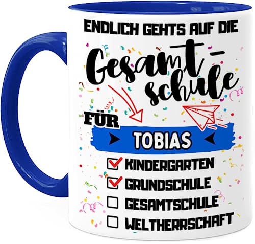 Tassenliebling® Weiterführende Schule Geschenk Tasse personalisiert Gesamtschule - Blau - Grundschule geschafft - Geschwister Schultüte Füllung - Schulwechsel 5. Klasse Geschenk von Tassenliebling