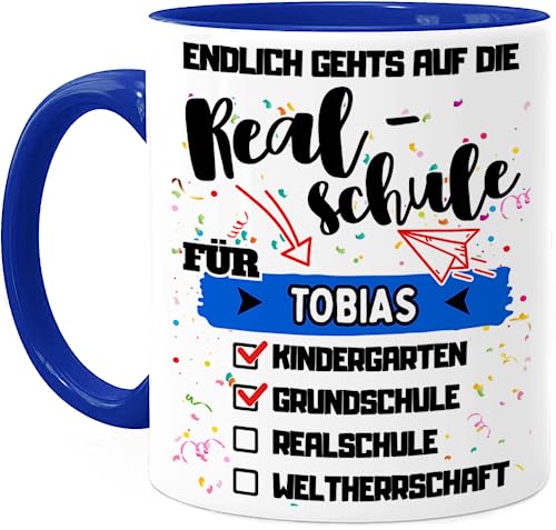 Tassenliebling® Weiterführende Schule Geschenk Tasse personalisiert Realschule - Blau - Grundschule geschafft - Geschwister Schultüte Füllung - Schulwechsel 5. Klasse Geschenk von Tassenliebling