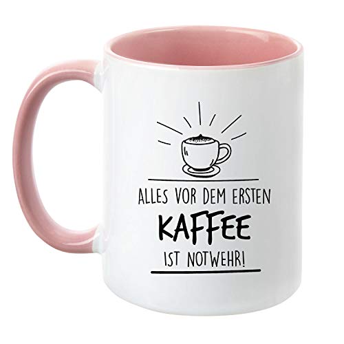 Tassenticker® "Alles vor dem ersten Kaffee ist Notwehr! - beidseitig Bedruckt - Kaffeetasse - Arbeit - Büro - Geschenkidee (rosa) von heine