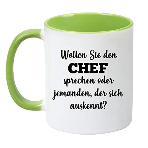 Tassenticker® "Wollen Sie den Chef sprechen oder jemanden, der Sich auskennt? - beidseitig Bedruckt - Kaffeetasse - Arbeit - Büro - Geschenkidee (hellgrün) von Tassenticker