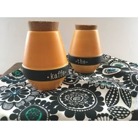 Vintage Deckel-Glas S'holm Dänemark Glas Für Kaffee-Tee Mit Kork Stopfen Gelb Schwarze Keramik Deckel von TasteVintage