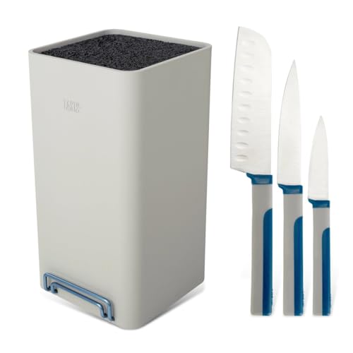 Messerblock-Set inkl. 3 Messern, 4-tlg, Universalmesserblock mit Borsteneinsatz, inkl. Tablet- und Handyhalter & rostfreien Edelstahlmessern von Tasty