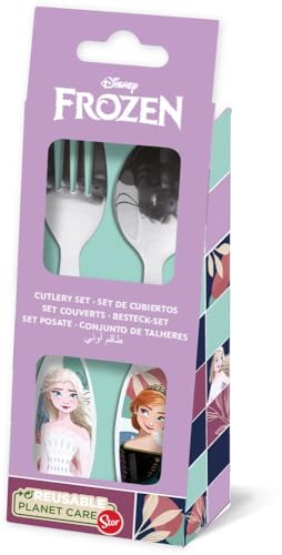 Disney Set mit 2 blauen Besteckteilen für Mädchen aus Frozen Elsa und Anna aus Edelstahl mit abgerundeten Spitzen von Stor