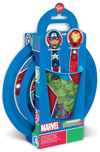 Marvel Brei Set 5-teilig rot und blau Kunststoff Avengers Hulk Iron Man Captain America Thor Teller Besteck von TataWay in viaggio si cresce