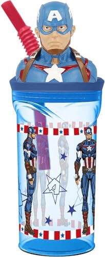 Tataway in viaggio si cresce Marvel Avengers Captain America 360 ml blauer Kunststoffbecher für Kinder mit Strohhalm und 3D-Figur von Tataway in viaggio si cresce