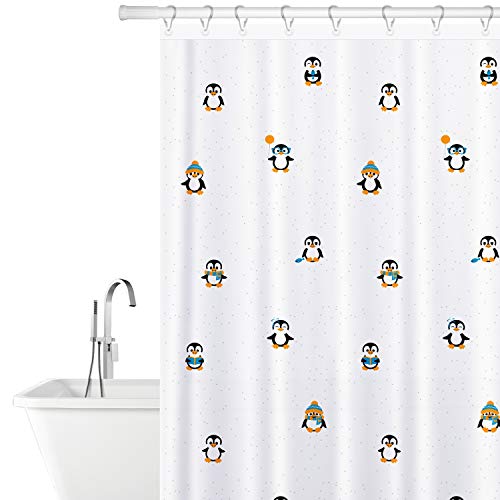 Tatkraft Funny Penguins Polyesterfaser Duschvorhang Schimmelfrei Wasserdicht 180X180cm, 12 Duschvorhangringe inklusive, Einzigartiges helles Design von Tatkraft