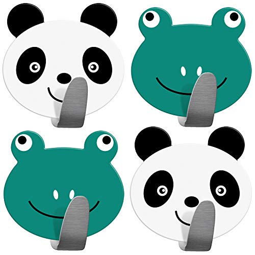 Tatkraft Team 4er Pack Klebehaken Kinder, Handtuchhalter Aus Edelstahl, Panda und Frosch Design, Handtuchhaken Selbstklebend Schnell Montiert, Bis zu 5 kg, Humorvolles Design Für Jedes Alter von Tatkraft