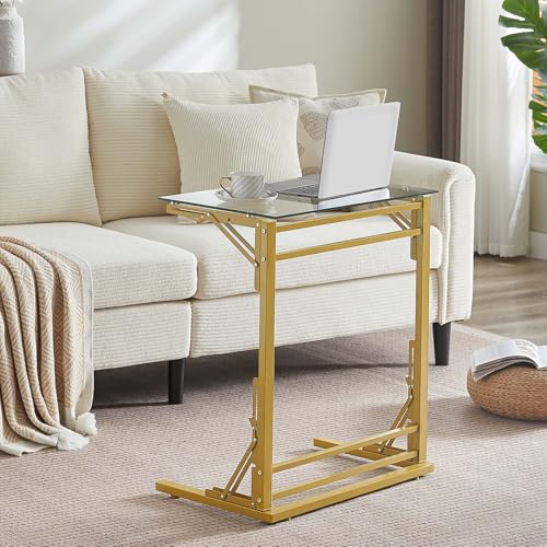 Tatub Klappbarer C-förmiger Beistelltisch, Kleiner Beistelltisch aus gehärtetem Glas, für Couch oder Bett, faltbares TV-Tablett, Laptop-Schreibtisch mit goldfarbenem Metallrahmen, 61 cm von Tatub