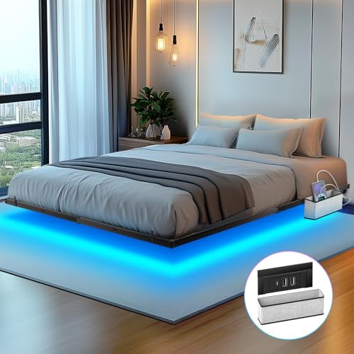 Tatub Queen Schwebender Bettrahmen mit Nachttisch-Caddy, LED schwimmendes Metallplattform-Bettgestell mit Ladestation & 4 Matratzen-Gleitstopper, kein Boxspring erforderlich, einfach zu montieren von Tatub