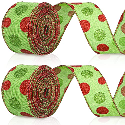 2 Rollen Weihnachten Glitzer Punkt Verdrahtete Kanten Bänder Grün Rot Punkt Bänder Polka Punkt Gedruckt Sackleinen Dekorative Bänder, 6 Yard pro Rolle (Grüne Basis, 1,5 Zoll Breit) von Tatuo