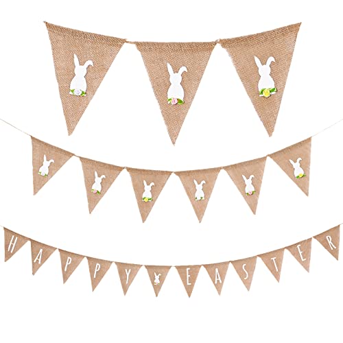 2 Stück Happy Easter Girlande Sackleinen Ostern Wimpelkette Rustikale Sackleinen Hasen Banner für Frühling Ostern Hängende Dekorationen Bauernhaus Kamin Haus Schule Party (Fröhlicher Stil) von Tatuo