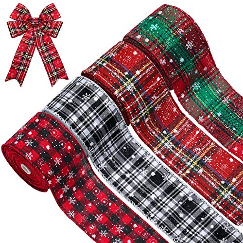 4 Rollen Weihnachten Buffalo Karo Band Schneeflocke Band Weihnachten Verdrahtetes Band Gingham Kariertes Verpackung Band für Weihnachten Verpackung Dekoration, 216 x 2,5 Zoll Jeweils von Tatuo