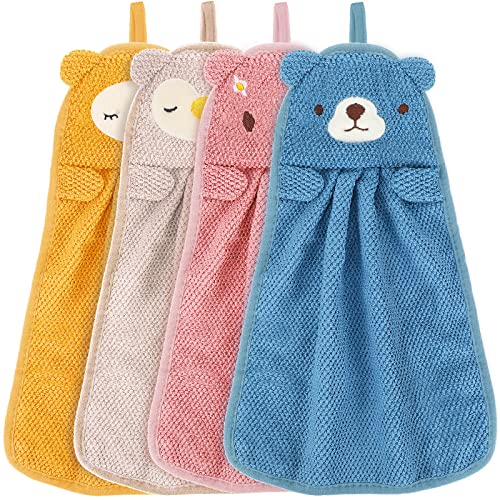 Tatuo 4 Stück Kinder Hand Handtuch Süßer Tier Waschlappen Mikrofaser Absorbierende Handtücher Schnelltrocknende Gesichtstücher mit Hängenden Schlaufen für Küchen und Badezimmer von Tatuo