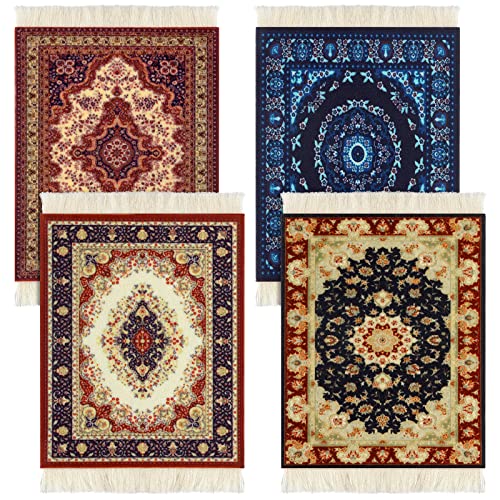 4 Stück Teppich-Tischuntersetzer, Tisch-Getränkehalter, orientalisches Design, Stoffteppich, Getränkematten, orientalisches Design, Stoff, Elegante Teppiche, Küchen- und Bar-Matten für Zuhause, Büro von Tatuo