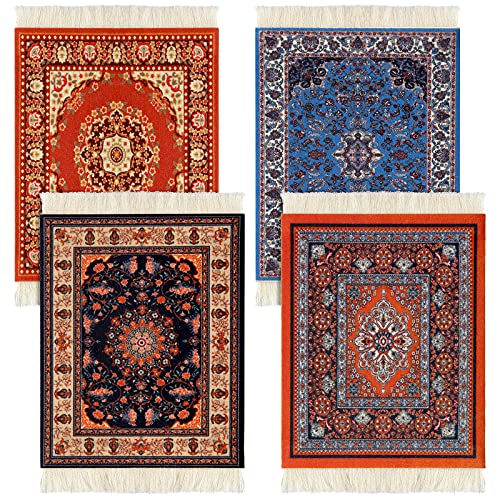 4 Stück Teppich Tischuntersetzer Tisch Getränkehalter Orientalisches Design Stoff Teppich Getränkematten Orientalisches Design Stoff Elegante Teppiche Küche und Bar Matten für Home Office und mehr von Tatuo