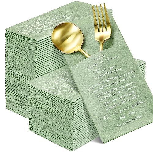 Tatuo 100 Stück grüne Servietten mit integriertem Besteck, Tasche, stoffähnliche Papierservietten, weich und saugfähig, salbeigrün, Servietten, Leinengefühl, Party, Hochzeit von Tatuo