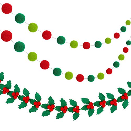 Tatuo 3 Stück Weihnachts-Filzkugel-Banner, rote und grüne Pom Pom Girlanden Stechpalme und Beeren Filz Banner Xmas Stechpalme Blatt Filz Girlanden für Weihnachten Urlaub Dekor von Tatuo