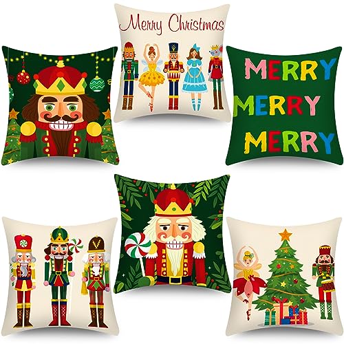 Tatuo 6 Pcs Christmas Santa Claus Nussknacker Throw Pillow Cover Nussknacker Santa Cushion Decoration 18 x 18 Inch Pillowcase Holiday Decoration for Sofa Couch Bed von Tatuo