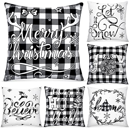 Tatuo 6 Stück Weihnachten Kissenbezüge 18 x 18 Zoll Büffel Plaid Dekokissen Weihnachten Kissenhülle Urlaub Zierkissenbezüge für Weihnachten Winter Sofa Couch Schlafzimmer Deko (Weiß, Schwarz) von Tatuo