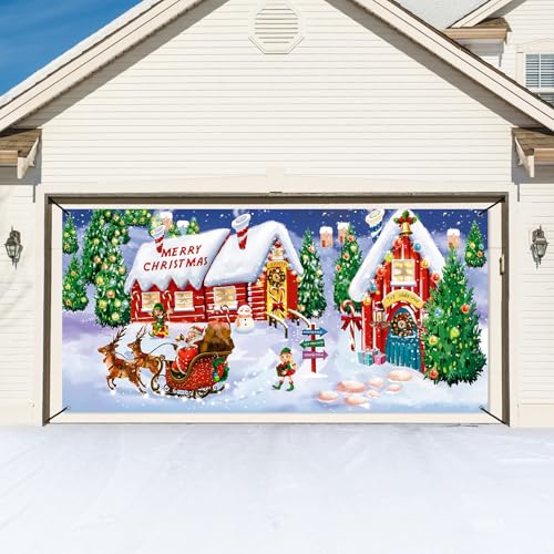 6 x 13 Fuß Weihnachten Urlaub Garagentor Banner Abdeckung Outdoor Groß Merry Christmas Schneemann Weihnachtsmann Gnome Banner Hintergrund Hängende Deko für Wand Hintergrund Foto Requisiten von Tatuo