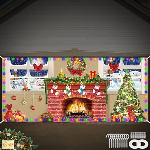 Tatuo 7 x 16 Fuß Weihnachten Garagentor Banner Abdeckung mit LED Lichterkette Außen Großes Frohe Weihnachten Hintergrund Banner Kamin Weihnachtsbaum Hängen Deko für Neujahr (Kamin Stil) von Tatuo