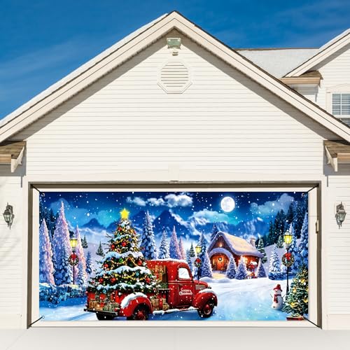 Tatuo Weihnachten Garagentor Banner 16 x 7 Fuß Große Weihnachtsbanner Deko Schnee Nacht Retro LKW Hintergrund Hängende Garagentor Banner Abdeckung für Weihnachten Party Wanddeko Foto Requisiten Außen von Tatuo