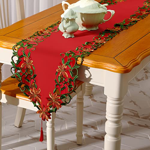Tatuo Weihnachtsdecken Tischläufer Weihnachten Rote Bestickte Tischläufer Blumen Blätter Weihnachten Tischband Weihnachtsläufer Tischdeko für Winter Fest(38 x 176 cm) von Tatuo