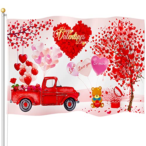 Happy Valentine's Day Flagge 3 x 5 ft Valentinstag Banner Rote Bäume Lastwagen Blumen Große Rosa Valentinstag Flagge Lebendige Farbe und Doppelt Genäht Jahrestag Hochzeit Garten Dekoration von Tatuo